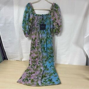 NWT Cynthia Rowley Alice Smocked Dress Medium Ombre Tropical Floral Puff Sleeve